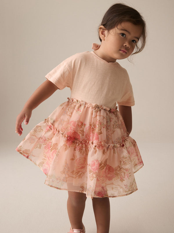 Pink Floral Short Sleeve Mesh Dress (3mths-7yrs)