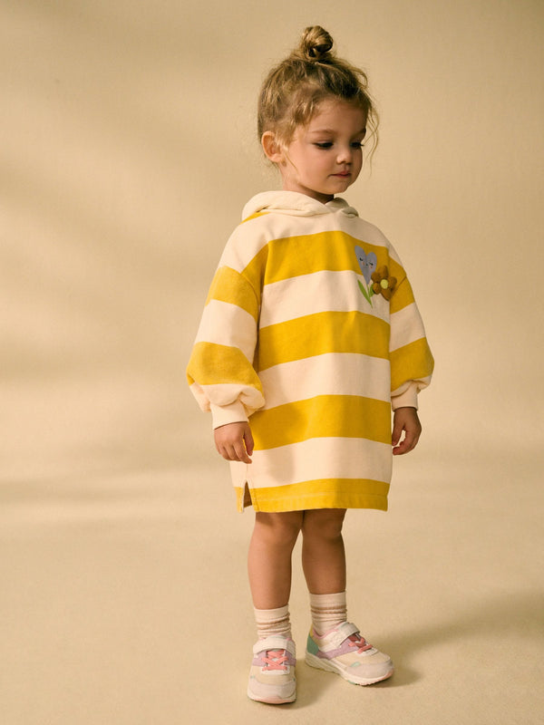 Ochre / Cream Long Sleeve Hooded Sweat Dress (3mths-7yrs)