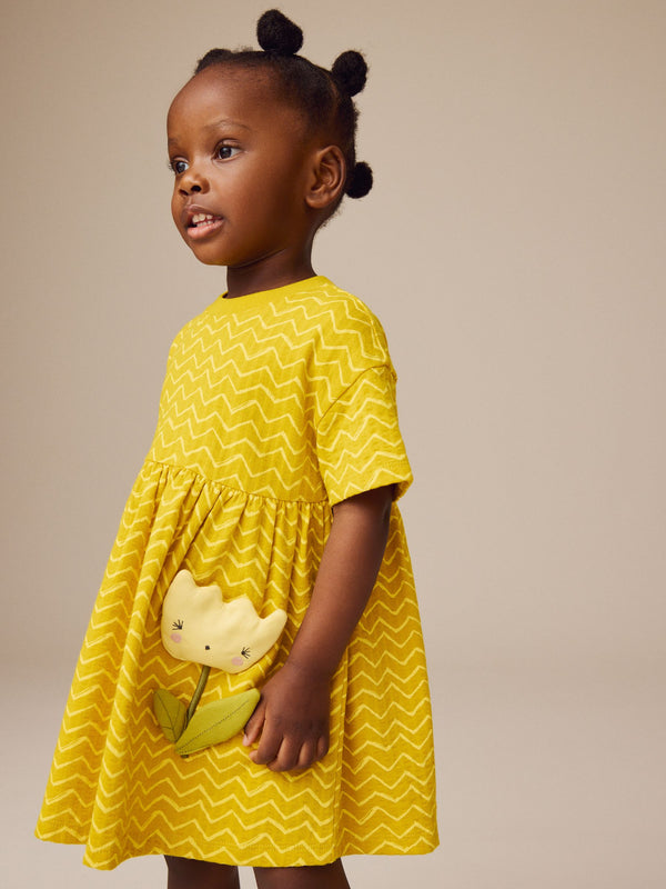 Ochre Yellow Padded Flower Short Sleeve Summer Dress (3mths-7yrs)