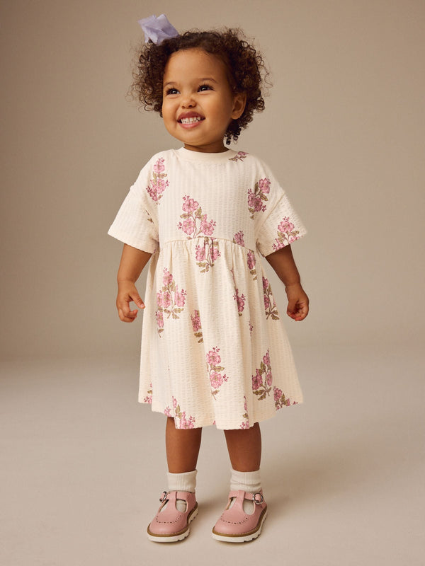 Ecru White Floral Short Sleeve 100% Cotton Summer Dress (3mths-7yrs)