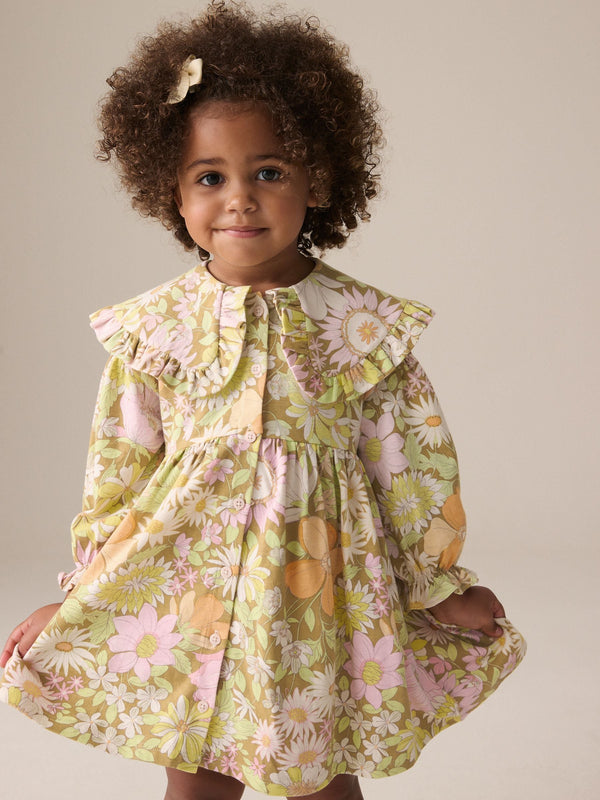 Green Floral Long Sleeve Collar Dress (3mths-7yrs)