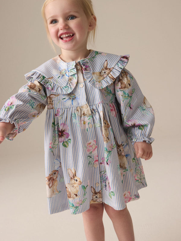 Bunny Blue Long Sleeve Collar 100% Cotton Dress (3mths-7yrs)