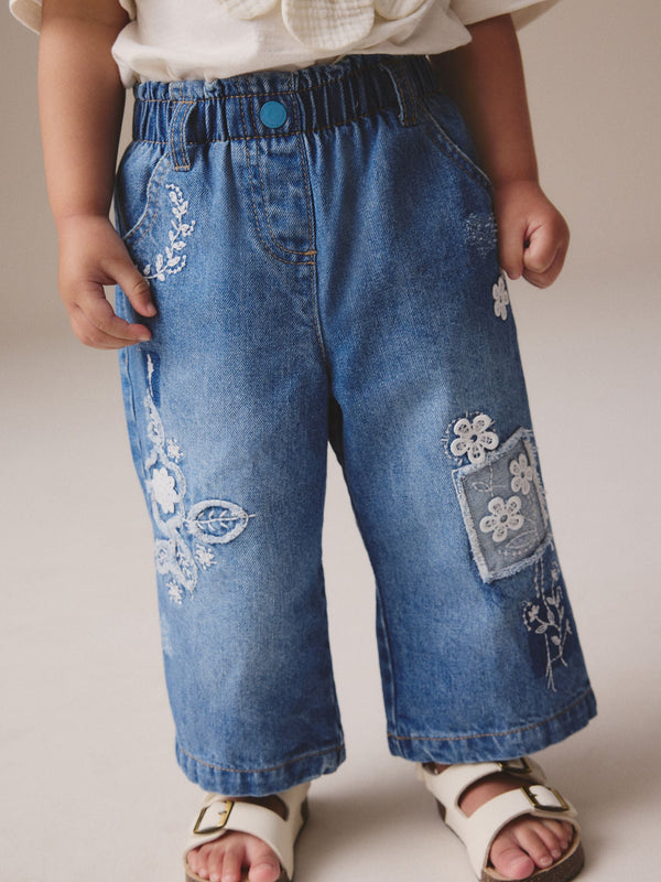 Mid Blue Denim Wide Leg Embellished 100% Cotton Jeans (3mths-7yrs)