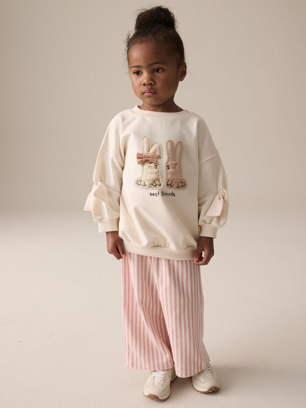 Cream Bunny Sweatshirt and Printed 100% Cotton Wide Leg Joggers Set (3mths-7yrs)