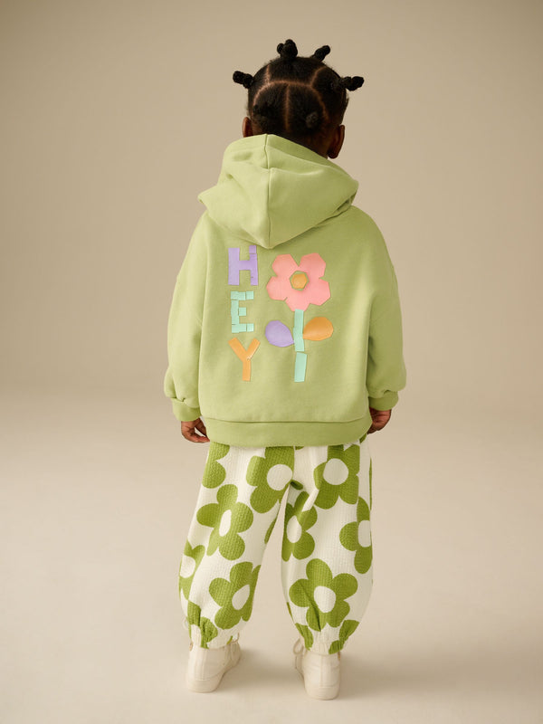 Green Flower Hoodie and Printed Joggers Set (3mths-7yrs)