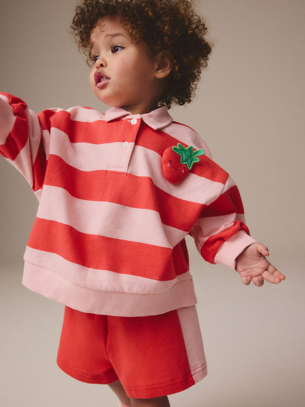 Red Strawberry Stripe 100% Cotton Rugby Top & Shorts Set (3mths-7yrs)