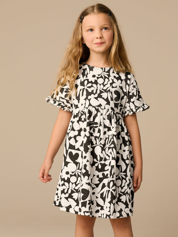 Black/White Stampy Short Sleeve Jersey Summer Dress (3-16yrs)