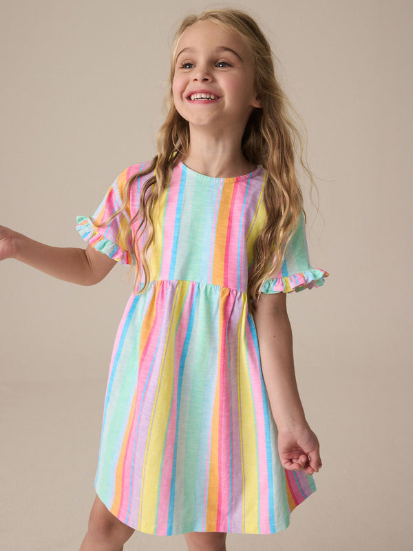 Rainbow Stripe Short Sleeve Jersey Summer Dress (3-16yrs)