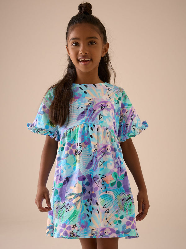 Blue Graffiti Print Short Sleeve Jersey Summer Dress (3-16yrs)