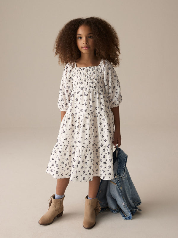 Ecru Ditsy Flower Tiered Broderie Summer Dress (3-16yrs)