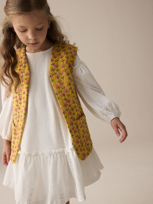 Yellow/White Long Sleeve Dress and Gilet Set (3-16yrs)
