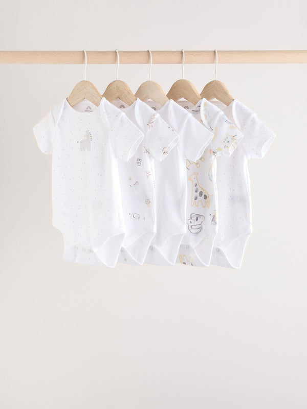 White Animal Print Short Sleeve Baby Bodysuits 5 Pack