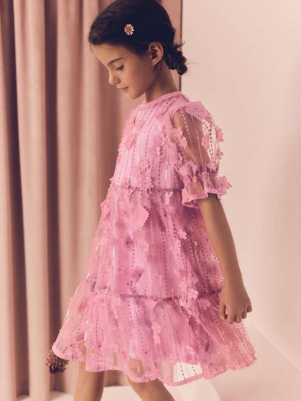 Pink Mesh Flower Sequin Party Dress (3-16yrs)