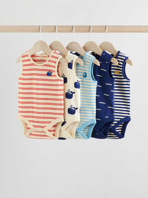 Blue/Red Stripe Nautical 100% Cotton Baby Vest Bodysuits 5 Pack