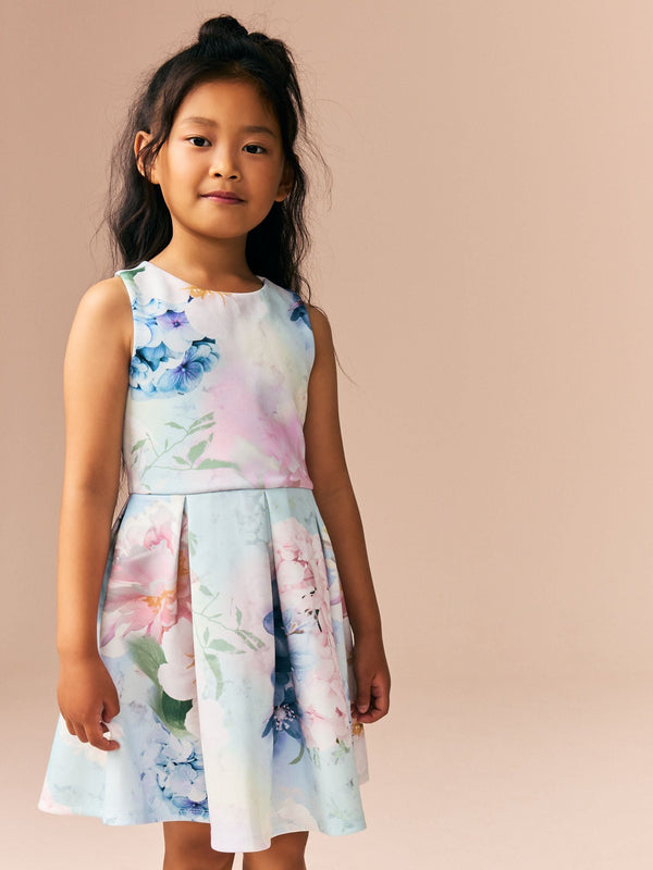 Blue Floral Cut Out Detail Scuba Occasion Dress (1.5-16yrs)