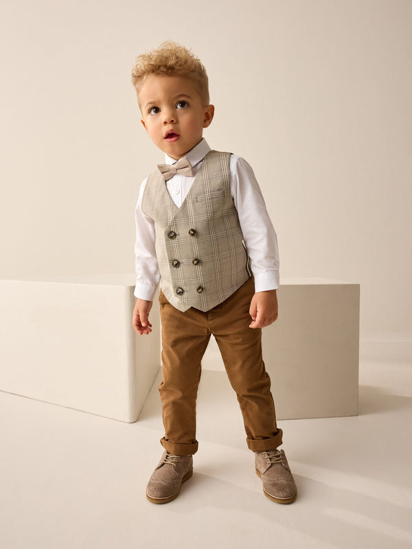 Neutral Check Waistcoat Set With Shirt And Bow Tie (3mths-7yrs)