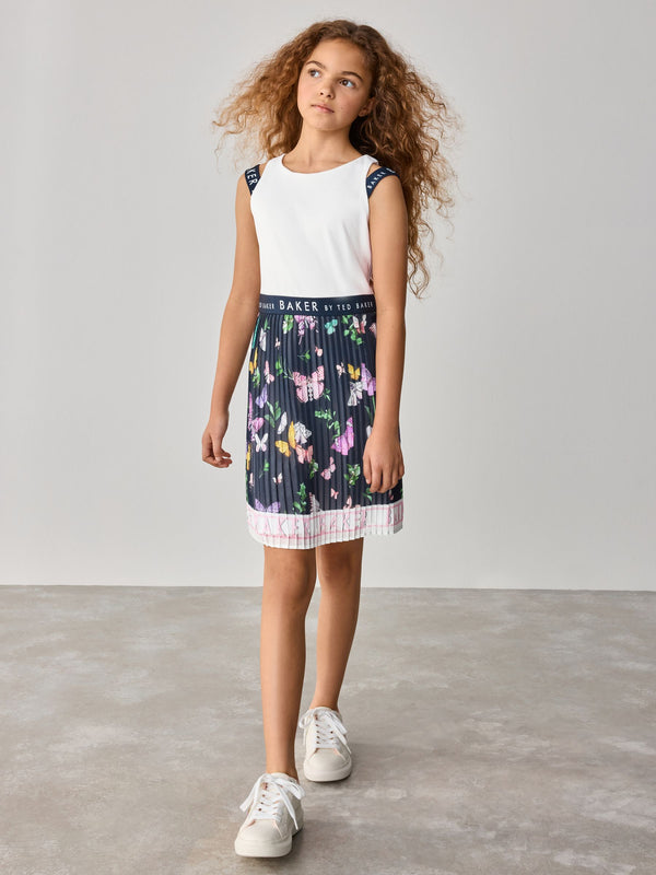 Baker by Ted Baker Navy/White Floral Print Double Strap Chiffon Pleat Mockable Dress