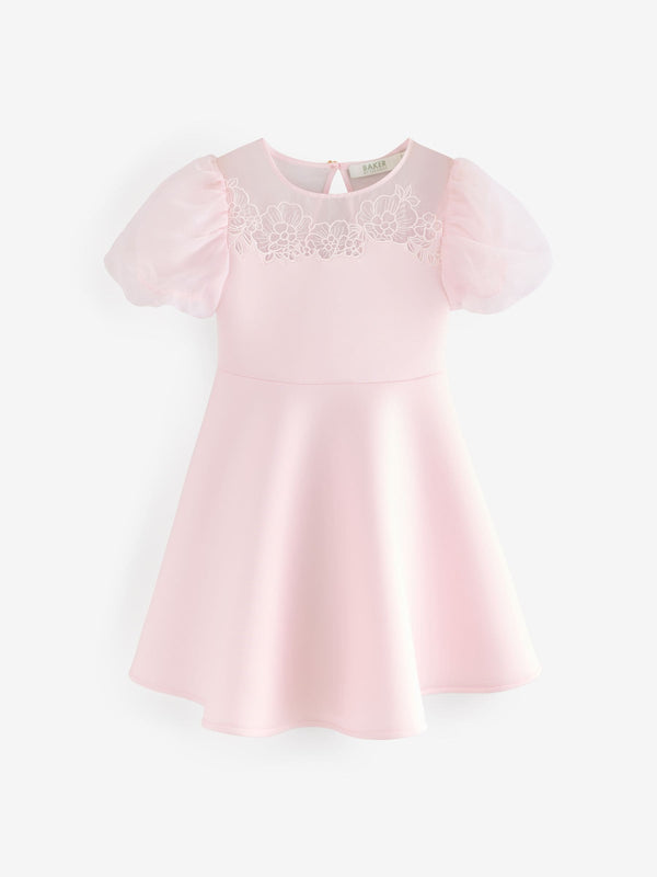 Baker by Ted Baker Pink Floral Organza Panel Puff Sleeve Scuba Dress