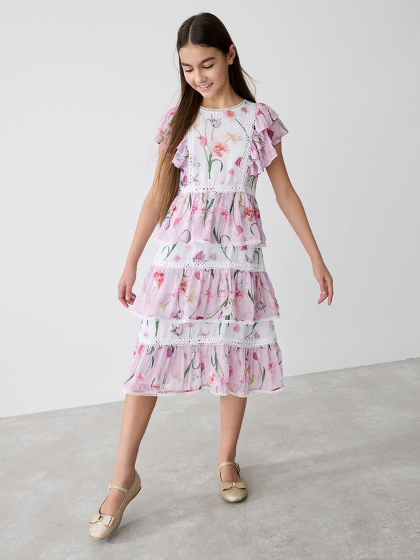 Baker by Ted Baker Pink Floral Print Tiered Midi Dress