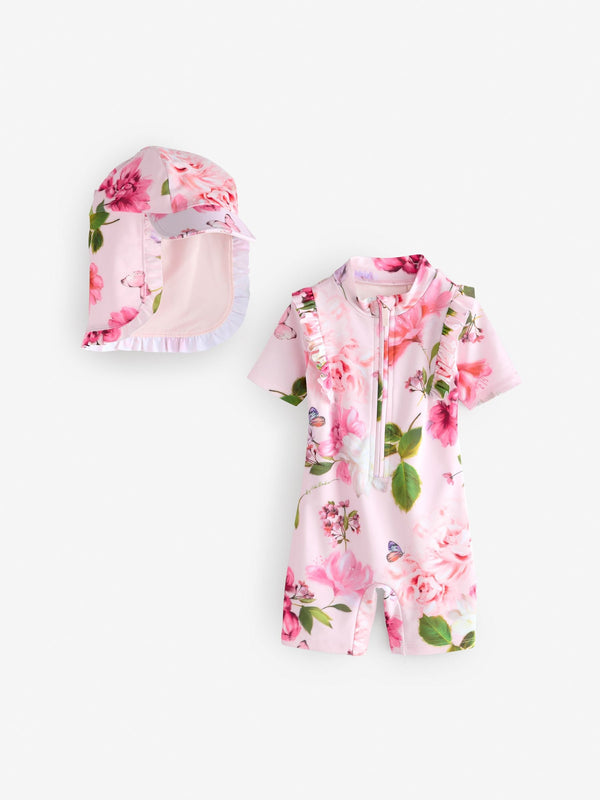 Baker by Ted Baker 2 Piece Pink Floral Swimsuit and Sunsafe Hat Set