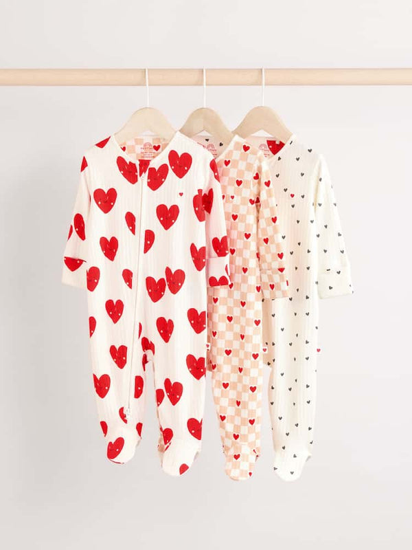 Cream Heart Valentines Two Way Zip Baby 100% Cotton Sleepsuits 3 pack (immediate)