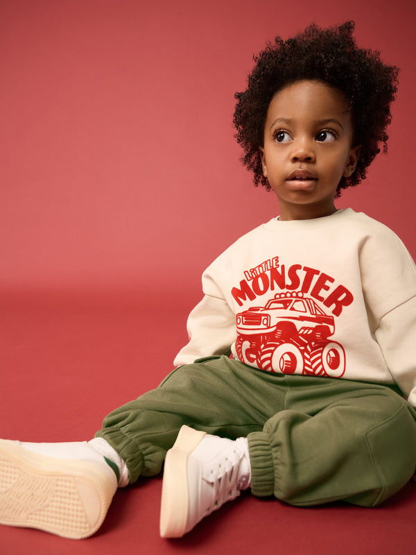 Ecru Monster Truck Back Print 100% Cotton Sweatshirt and Utility Joggers 2 Piece Set (3mths-7yrs)