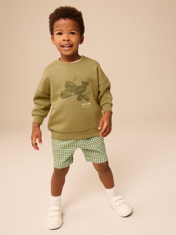 Olive Green Sweatshirt and Patterned Shorts Set (3mths-8yrs)