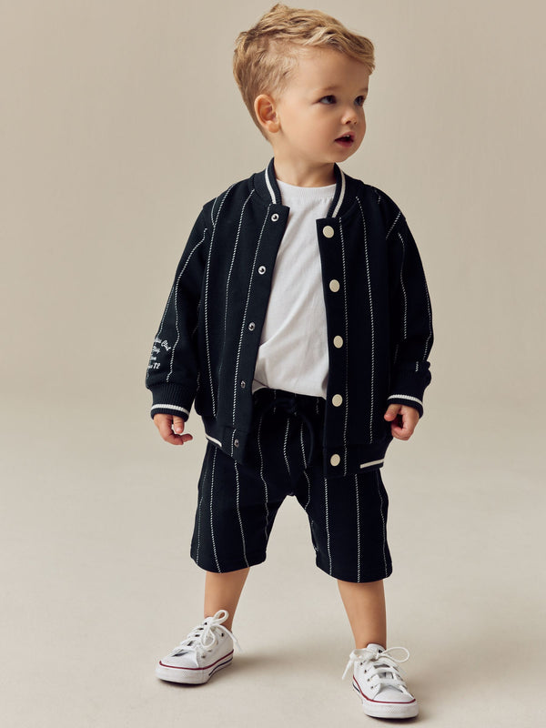 Navy Blue Stripe 100% Cotton Jersey Letterman Jacket and Shorts Set (3mths-7yrs)