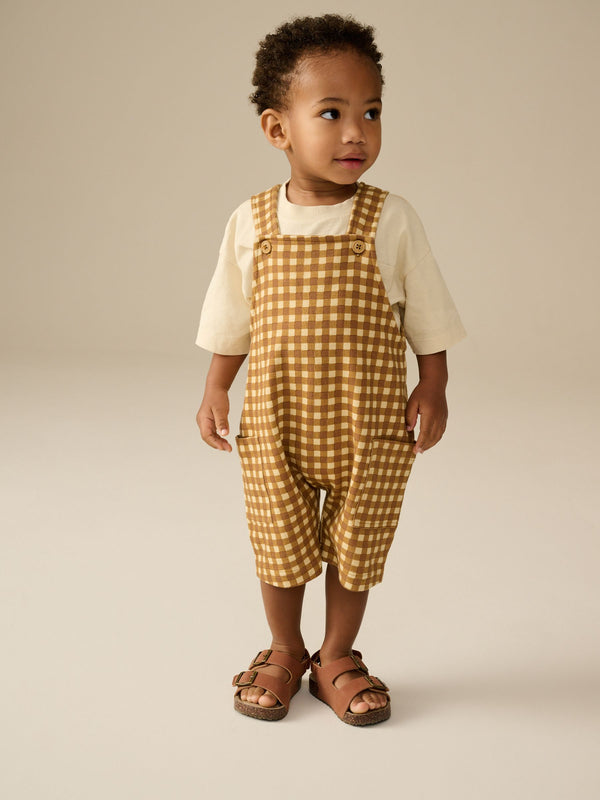 Tan Brown Gingham Jersey Dungaree and Short Sleeve T-Shirt Set (3mths-7yrs)