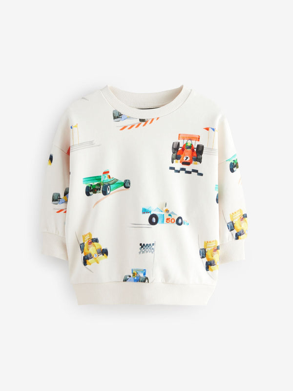 Ecru Off White Cars All-Over Print Crew Neck Sweatshirt (3mths-7yrs)
