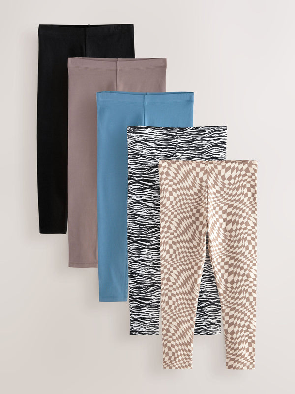 Neutral/Zebra/Blue Leggings 5 Pack (3-16yrs)