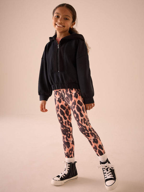 Black Half Zip Hoodie And Animal Sports Leggings Set (3-16yrs)