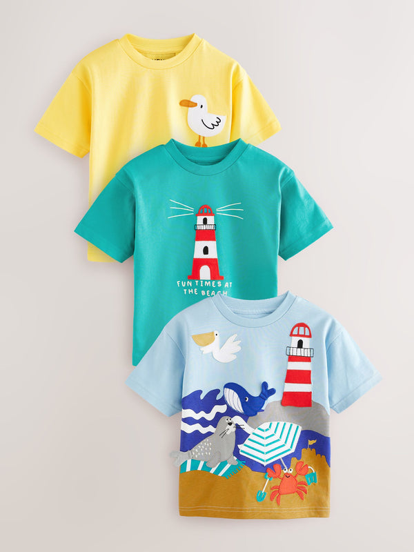 Blue/Yellow Seaside Short Sleeve Appliqué T-Shirts 3 Pack (3mths-7yrs)