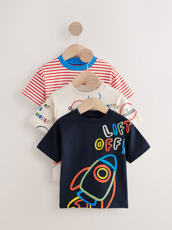 Red/Blue Space Short Sleeve 100% Cotton T-Shirts 3 Pack (3mths-7yrs)