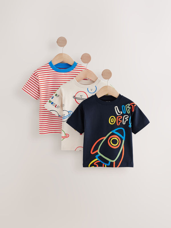 Red/Blue Space Short Sleeve 100% Cotton T-Shirts 3 Pack (3mths-7yrs)