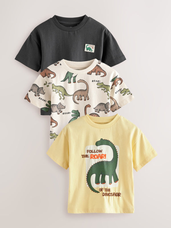 Monochrome/ Yellow Dinosaur Short Sleeve T-Shirts 3 Pack (3mths-7yrs)