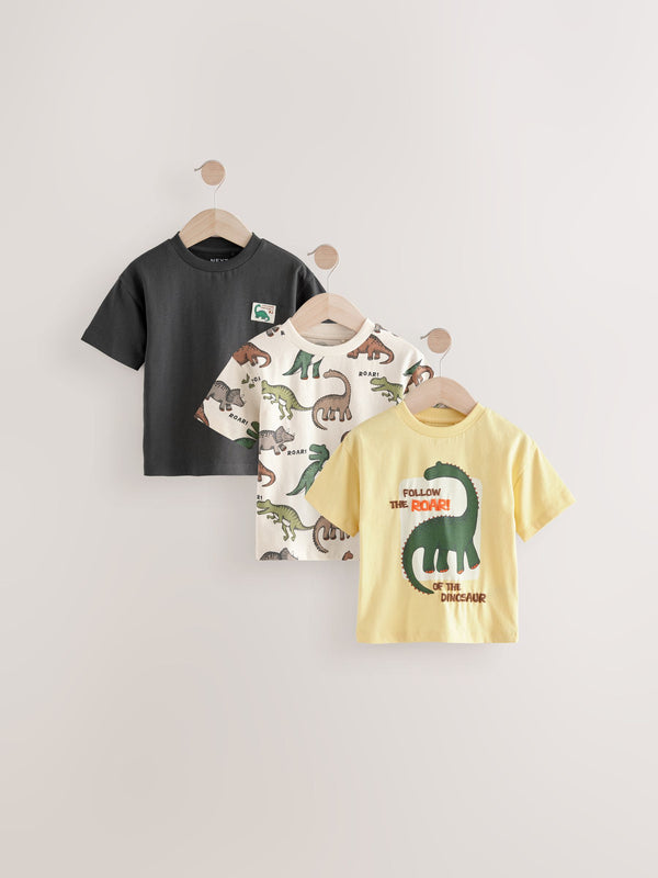 Monochrome/ Yellow Dinosaur Short Sleeve 100% Cotton T-Shirts 3 Pack (3mths-7yrs)