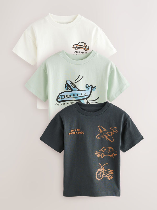 Black/White Transport Short Sleeve T-Shirts 3 Pack (3mths-7yrs)