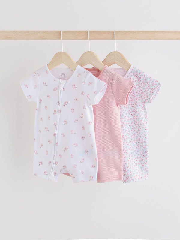 Pink 100% Cotton Two Way Zip Romper 3 Pack (0mths-3yrs)