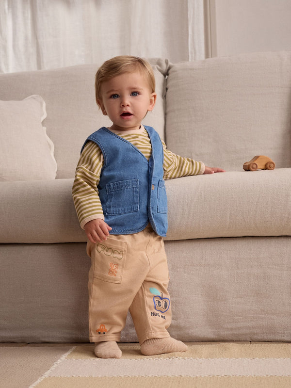 Neutral Denim 100% Cotton Baby Gilet and Trousers Set 3 Piece (0mths-2yrs)