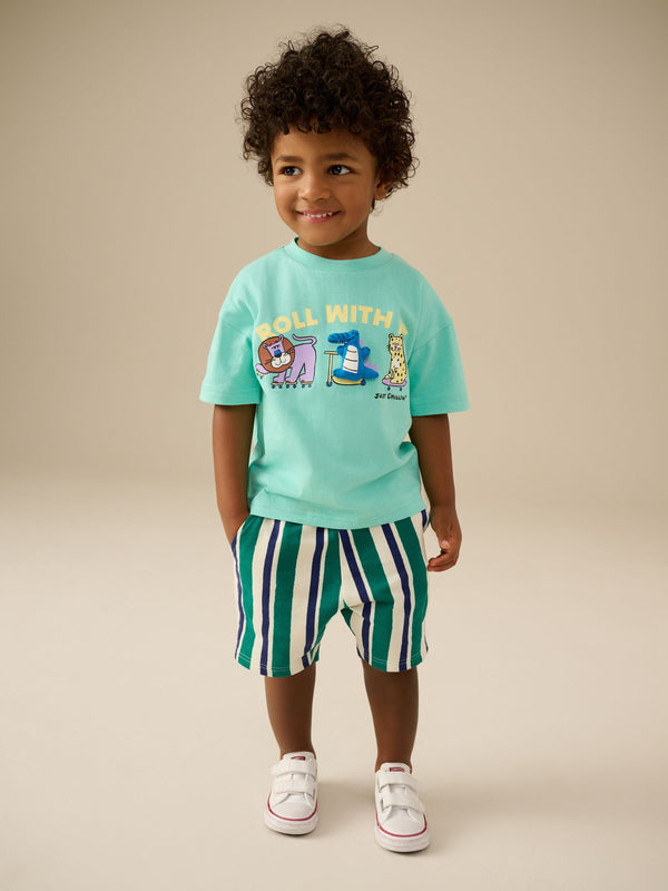 Mint Green 100% Cotton Short Sleeve T-Shirt & Pattern Shorts Set (3mths-7yrs)