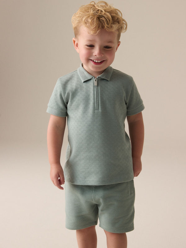 Sage Green Texture Short Sleeve Zip Neck Polo Shirt And Shorts Set (3mths-7yrs)