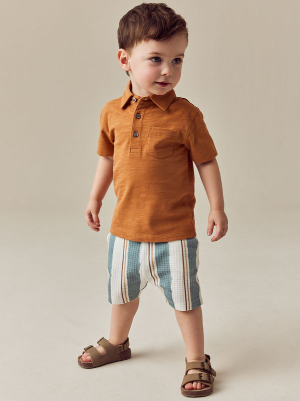 Rust Brown Short Sleeve Polo Shirt & Stripe Shorts Set (3mths-7yrs)