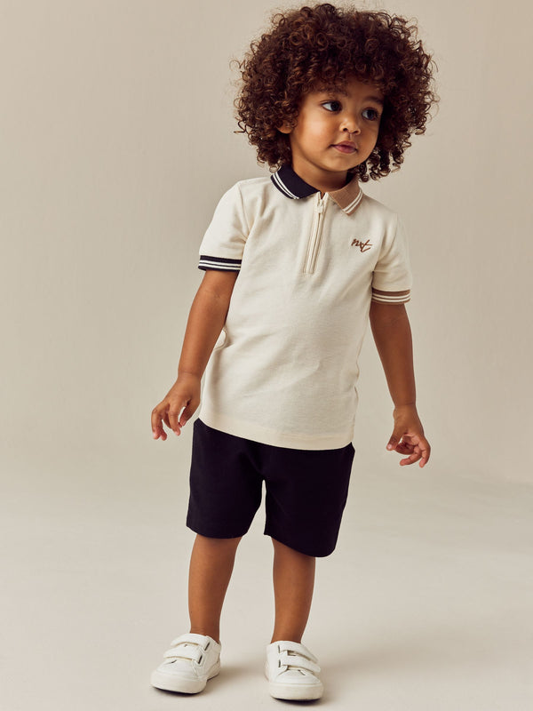 Tan Brown Short Sleeve Zip Neck Polo And Shorts Set (3mths-7yrs)