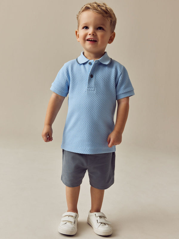 Blue/Navy Short Sleeve Textured Polo Shirt and Shorts Set immediate