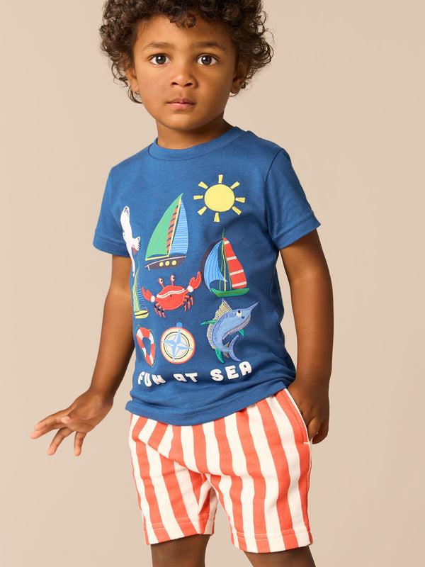 Blue 100% Cotton Short Sleeve T-Shirt & Pattern Shorts Set (3mths-7yrs)