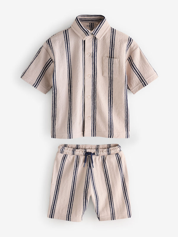 Neutral Striped Short Sleeve 100% Cotton Shirt & Shorts Set (3mths-7yrs)