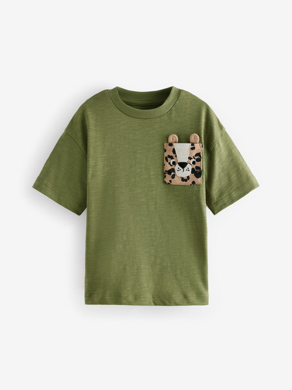 Khaki Green Cheetah Pocket Short Sleeve Pocket Character T-Shirt (3mths-7yrs)