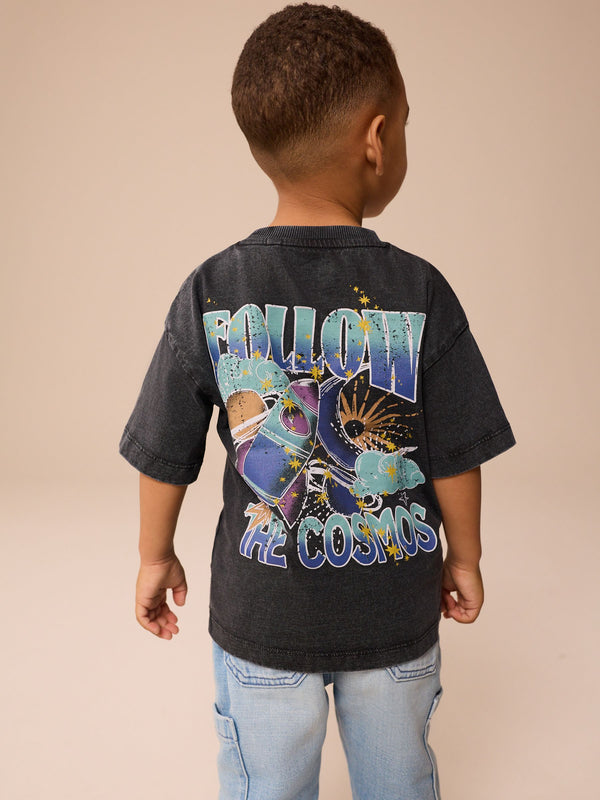 Acid Wash Black Short Sleeve Back Print T-Shirt (3mths-7yrs)