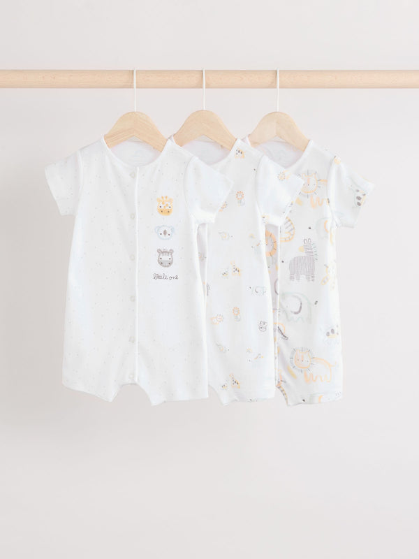 White Safari Embroidered 3 Pack Baby Rompers (0mths-2yrs)